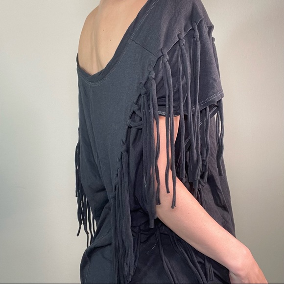 Free People Off Black Fringe Slouchy Soft Stretchy Tee Tunic - Picture 3 of 16